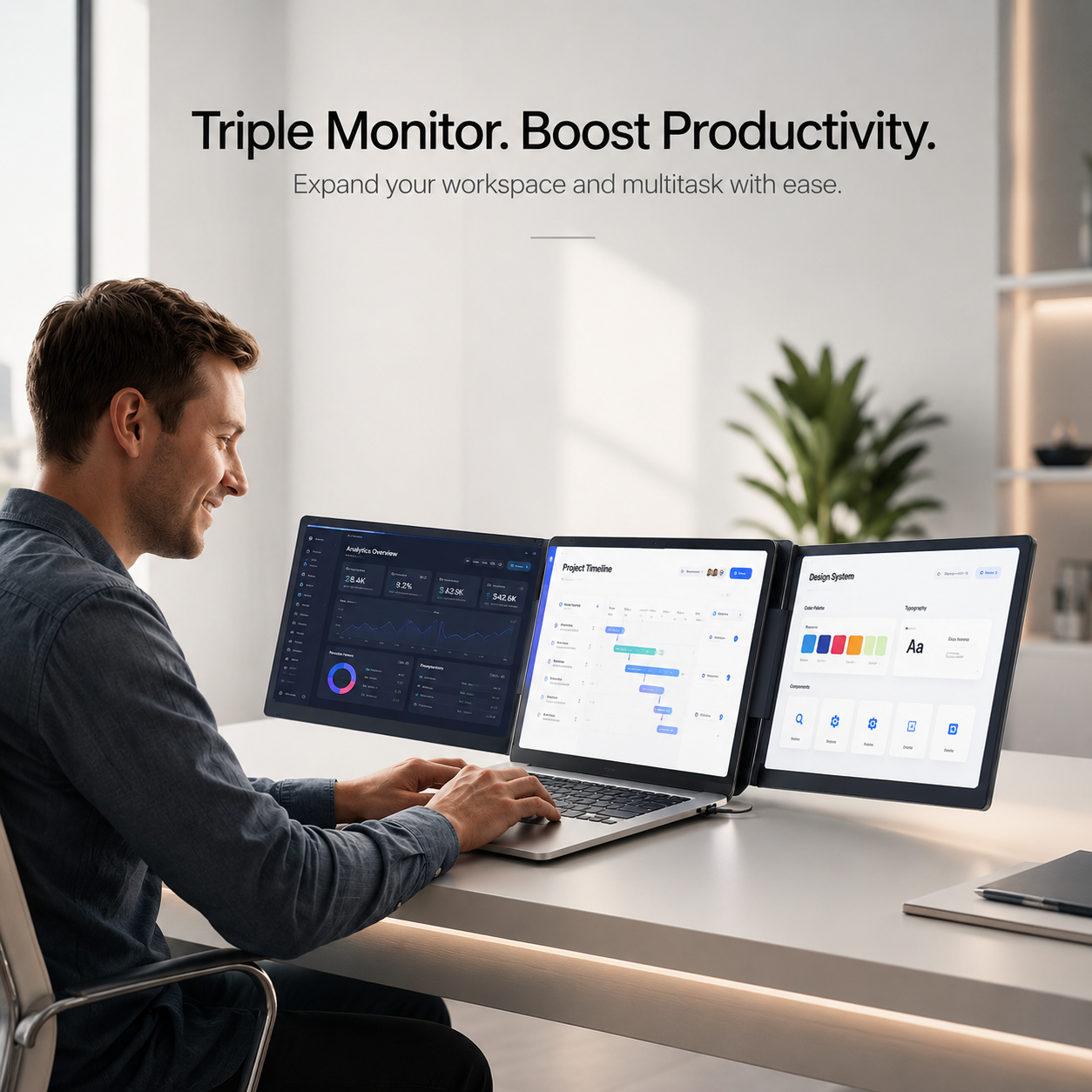 Person working on a Cevaton triple monitor setup